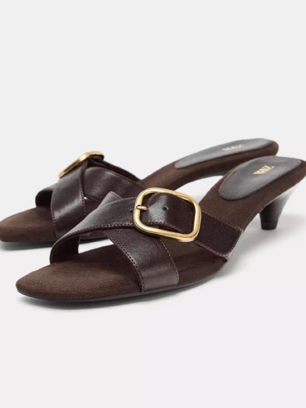 NWT Zara brown leather kitten heel sandal 40